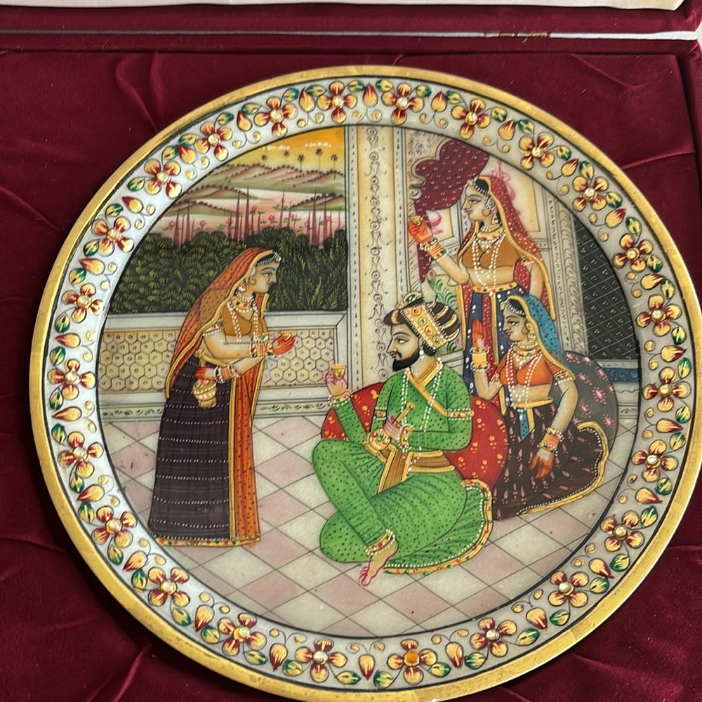 Mughal Emperor Shah Jahan Handmade Painted Marble Decor 9" Plate w/Stand & Case